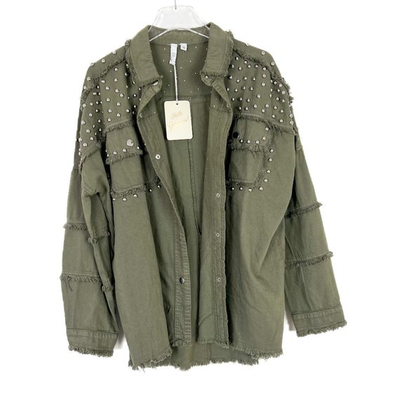 NWT Elan Studded Cotton Demi Jacket Olive Green Lightweight Size Medium M N2193 - Picture 2 of 16